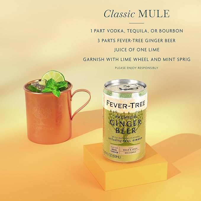 Fever Tree Ginger Beer - Premium Quality Mixer - Refreshing Beverage for Cocktails & Mocktails. Naturally Sourced Ingredients, No Artificial Sweeteners or Colors - 150 ML Cans - Pack of 24