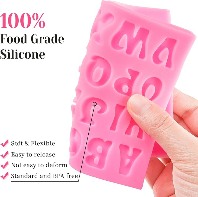 CLUEWR 4 PCS Silicone Letter Molds, Non-Stick Number and Letter Fondant Molds for Chocolate, Candy, Cake Decoration, Cupcake Topper