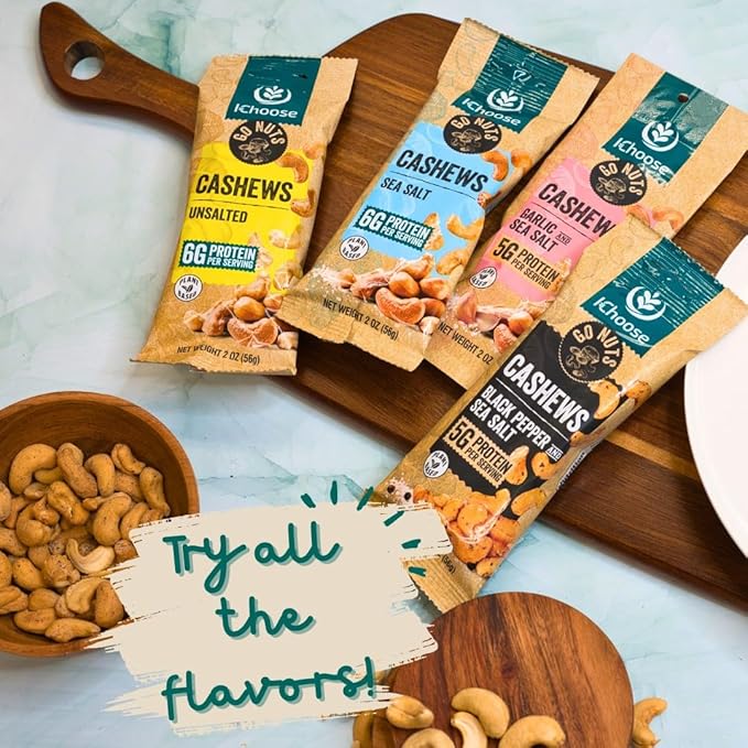 IChoose Go Nuts – Premium Cashews, High Protein Plant-Based Snack, 2 oz per Pack (5 Packs, Black Pepper and Sea Salt)