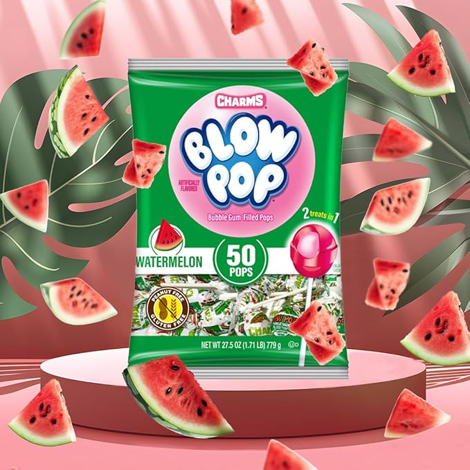 Charms Blow Pop Single Flavor Bag - Watermelon Flavored Lollipops with a Bubble Gum Center - Individually Wrapped Hard Candy - Pink Candy - Peanut Free, Gluten Free, 50 Count (Pack of 1)