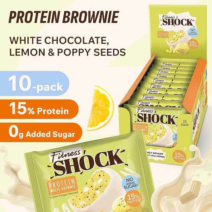 FitnesSHOCK Protein Brownie White Chocolate, No Added Sugar, 15%/7,5g Protein, 233kcal, Pre/Post Workout Snack - No Palm Oil, Filling dietary fibre, 10x50g - Poppy seeds and lemon flavour