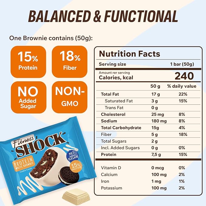 FitnesSHOCK Protein Brownie White Chocolate, No Added Sugar, 15%/7,5g Protein, 233kcal, Pre/Post Workout Snack - No Palm Oil, Filling dietary fibre, Soft Texture, 10x50g - Cookie cream flavour