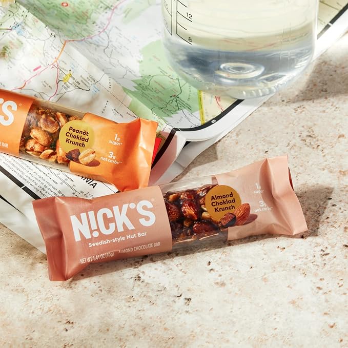 NICK'S Peanut Chocolate Snack Bar, Keto Nut Snack for Sports, Hiking & Outdoor Activities, 1G sugar, 3G net carbs, healthy snack bar (pack of 12)