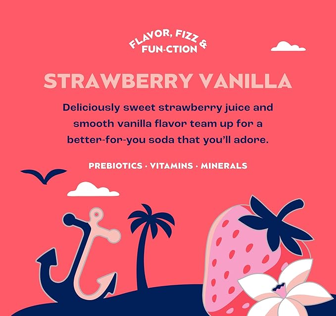 SunSip Prebiotic Soda With Benefits - Gut-Healthy Beverage with Vitamins and Minerals, 25 Calories, Soda Alternative, Naturally Sweetened with 5g of Sugar, 11.5 oz (12 Pack) Strawberry Vanilla