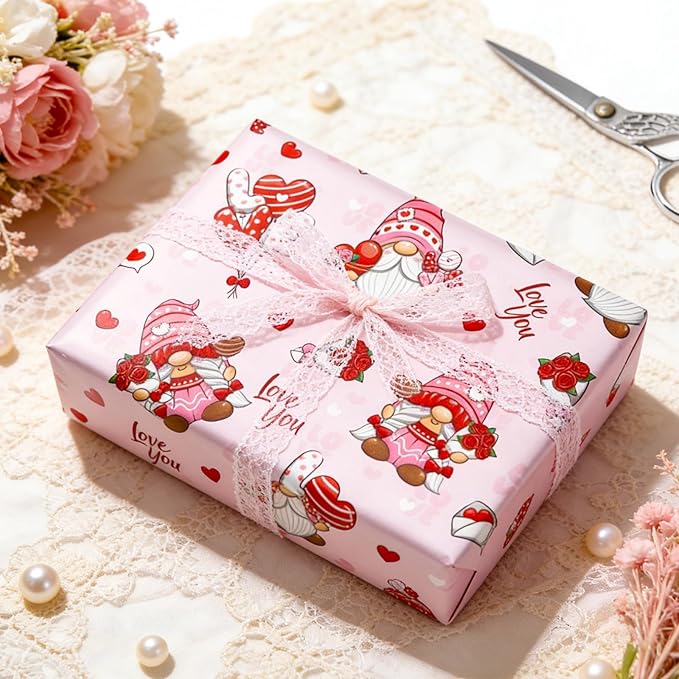 Homeral Pink Valentine's Day Wrapping Paper - Mini Roll - 17 Inch x 33 Feet - Bouquet Goblin and LOVE Balloon & Heart Reversible Gift Wrap for for Wedding, Anniversary, Bridal Shower, Birthday, Party
