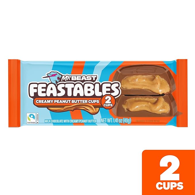 Feastables MrBeast Peanut Butter Cups, Milk Chocolate & Creamy Peanut Butter Filling, Cups for Adults & Kids, Chocolate Candy for Snacks, Gifts, or Dessert, Made With Fairtrade Cocoa, 2 Pack, 24 Count