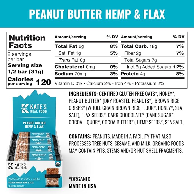 Kate’s Real Food Organic Granola Bars - Peanut Butter Hemp & Flax (2.2 oz, Pack of 12) - Organic Energy Bars Made with Gluten Free Oats - Non GMO, Soy Free, Whole Grains, and All Natural - Healthy Snacks