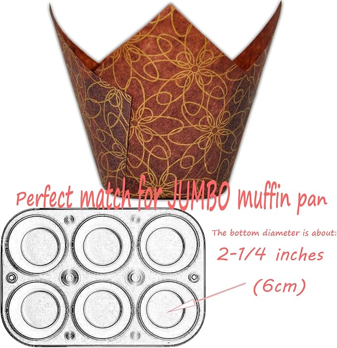 MyBakning (JUMBO Large size) Brown Golden pattern Tulip Baking Cups 2-1/4"(Base diameter) x 3-3/4"(Wall height) Greaseproof paper Muffin liners, Case of 130 pcs