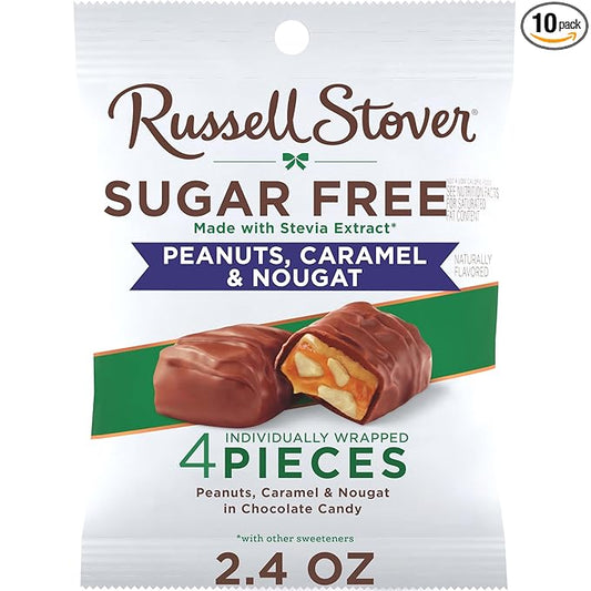 RUSSELL STOVER Sugar Free Peanut, Caramel & Nougat Chocolate Candy, 2.4 oz. bag (Pack of 10)