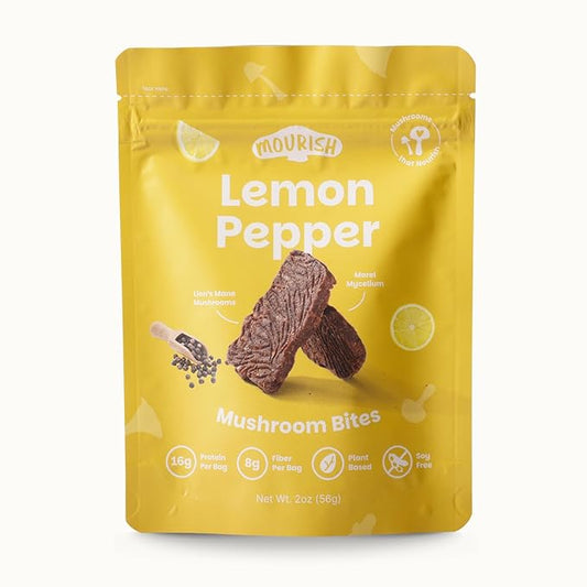 Mourish Vegan Mushroom Bites, Lemon Pepper Flavor, 1 Pack (2 oz), Good Source of Protein and Fiber, Plant Based Meat Jerky, Gluten Free, Meatless Healthy Snacks for Hiking, Work, Travel & School