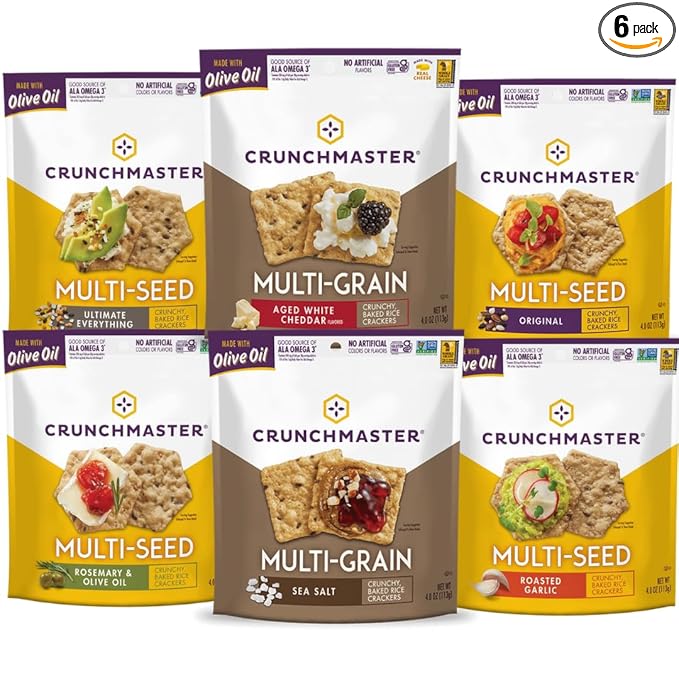 Crunchmaster Multiseed & Multigrain Crackers Variety Pack, – Original, Rosemary Olive Oil, Roasted Garlic & Everything, Sea Salt, Aged White Cheddar (6 Count)