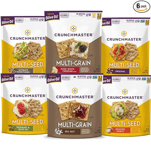Crunchmaster Multiseed & Multigrain Crackers Variety Pack, – Original, Rosemary Olive Oil, Roasted Garlic & Everything, Sea Salt, Aged White Cheddar (6 Count)