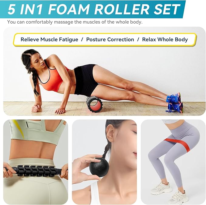 Krightlink 5 in1 Foam Roller Set for Deep Tissue Muscle Massage, High Density Fitness Exercise Foam Roller, Massage Roller, Massage Ball, Resistance Band, for Whole Body (Black)