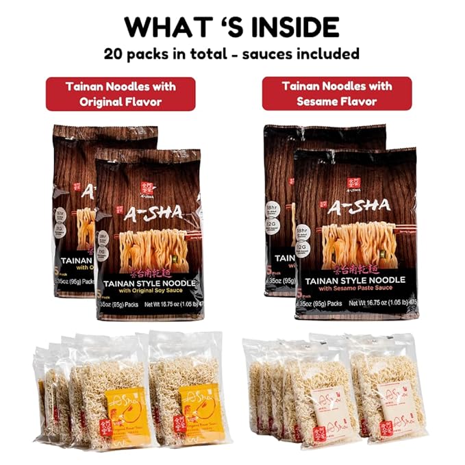 A-Sha Tainan Variety Pack (2 Flavors, 20 Count), Vegan, Air-Dried, 11g of Plant-Based Protein, Thin Sized Noodles