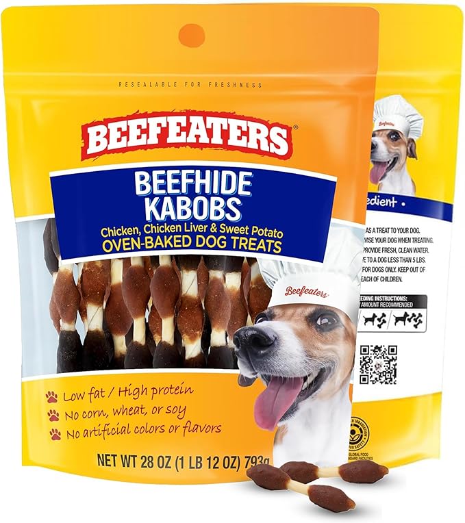 Beefeaters Beefhide 28oz Triple Flavor Kabobs Dog Treats with Real Chicken, Liver & Sweet Potato – Long-Lasting Dog Kabob Treats for Chewing, Dental Support*, Flavor-Packed Treats - Training Rewards