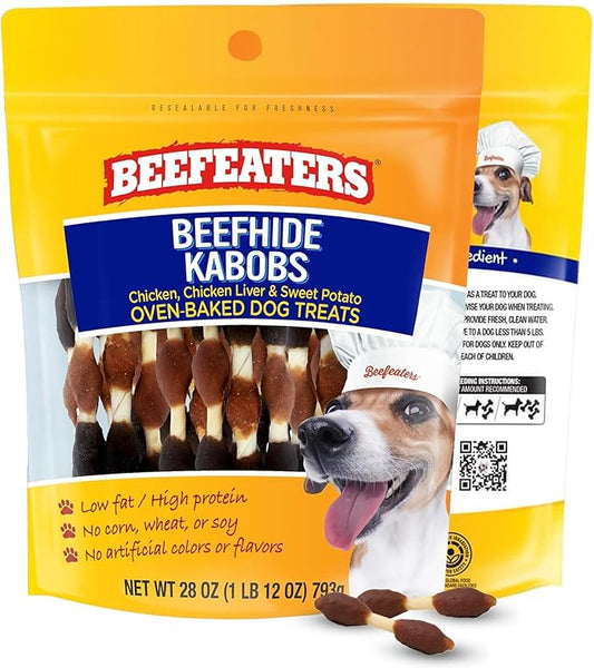 Beefeaters Beefhide 28oz Triple Flavor Kabobs Dog Treats with Real Chicken, Liver & Sweet Potato – Long-Lasting Dog Kabob Treats for Chewing, Dental Support*, Flavor-Packed Treats - Training Rewards