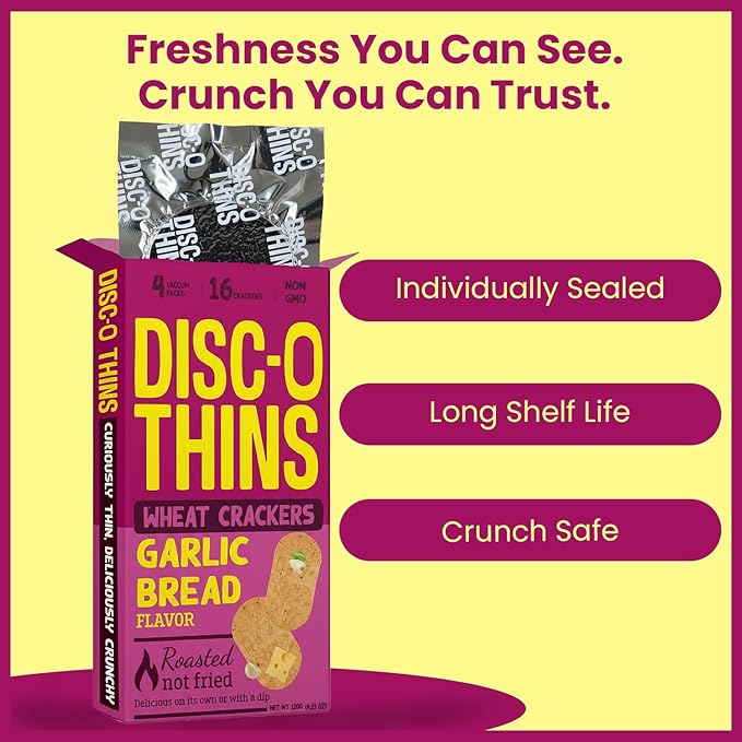 Disc-O Thins Whole Wheat Crackers - Crunchy Roasted Snack, High-Fiber & Low-Fat On-the-go Snack Chips, 96pcs (Garlic Bread) - Friendly, Healthy Travel Snack, Non-GMO - Great w/ Cheesy Dips, Salsa, or Beer