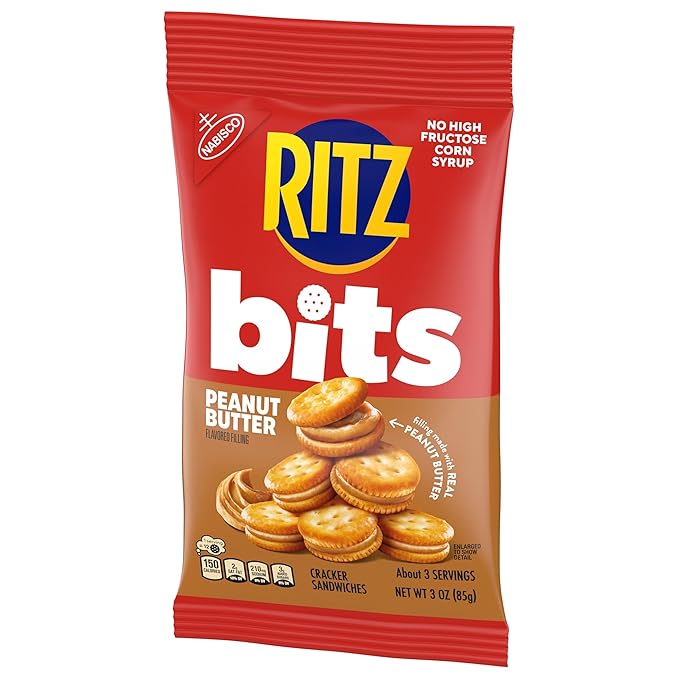 RITZ Bits Peanut Butter Sandwich Crackers, Snacks for Kids and Adults, Lunch Snacks, 12 - 3 oz Bags