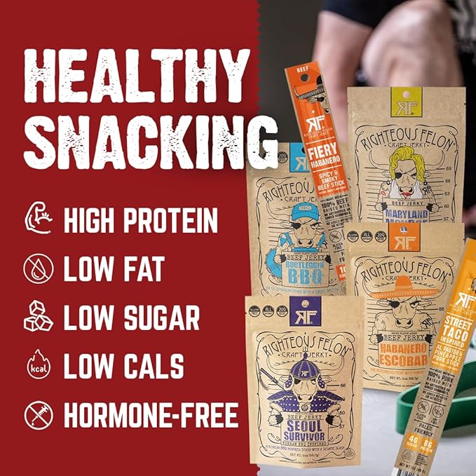 Righteous Felon Beef Jerky & Meat Sticks Variety Pack | Gluten Free Beef Jerky Snack Pack | High Protein, Keto, Low Sugar | Made with Premium Meats | Valentines Day Gifts for Men | Spicy Jerky 6 Pack