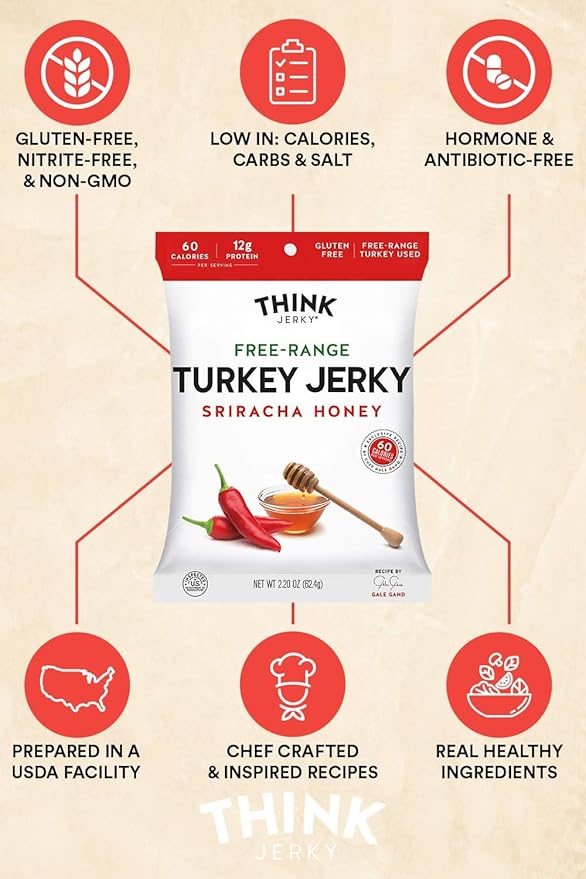 Think Jerky Sriracha Honey Turkey Jerky, Chef Crafted Free Range Turkey, Gluten Free, No Antibiotics or Nitrates, Healthy Chef Crafted Recipe, Low Calorie and Low Fat - 1.0 oz Bags, 8 Pack