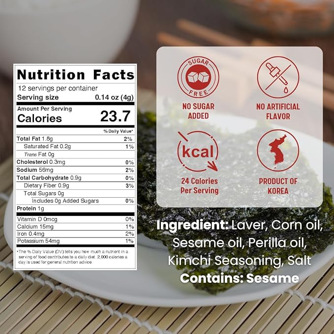 Korean Crispy Seaweed Snacks, Kimchi Spicy Flavor – 24 Pack, Crunchy Snack, Individual Sheets Roasted Nori, Vegan, Gluten-Free, 100% Natural Laver