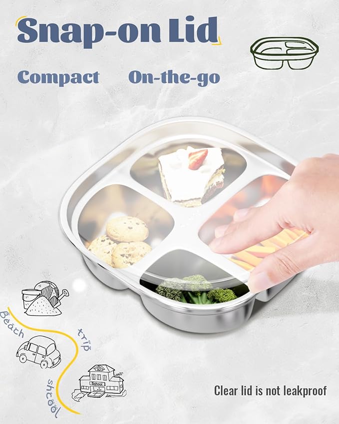 Stainless Steel Divided Plate for Kids Toddler, Non Toxic Portion Control Plate Dinner Plate with Lid for Adults Weight Loss, 4 Pack 4 Sections Square Snack Plate Tray