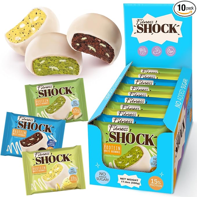 FitnesSHOCK Protein Brownie Variety Pack – White Chocolate Coated Snack – Pistachio, Cookie Cream & Lemon Poppy – No Added Sugar, 15% Protein - Dessert Alternative – 10x50g