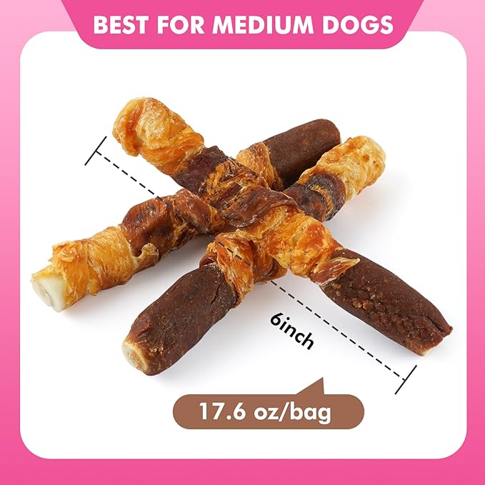 Puddonio Dog Treats, Triple Flavor 6 Inch Rawhide Rolls, Chicken Duck and Chicken Liver Wrapped Rawhide Dog Chews, Suitable for Medium Dogs, 17.6 oz
