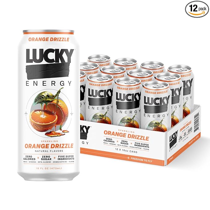 Lucky Energy Sugar Free Energy Drinks, Orange Drizzle, 16oz Cans (12-Pack) Healthy, Zero Sugar Energy Drink with Maca, Ginseng, Beta-Alanine, Taurine & 200mg Caffeine
