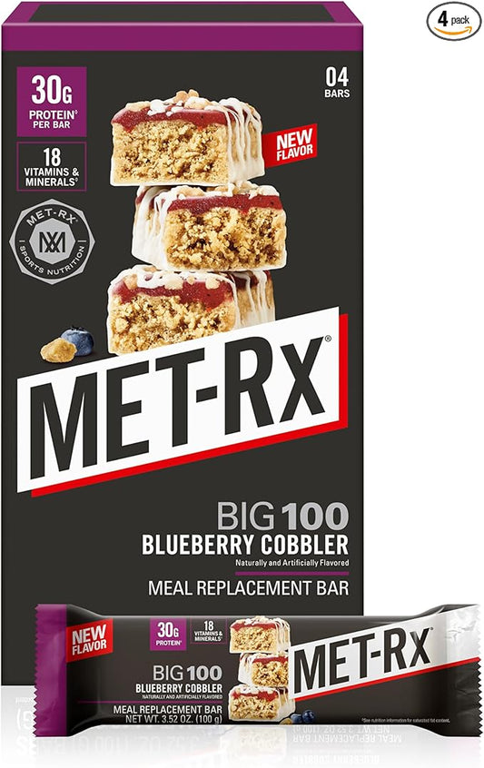MET-Rx Big 100 Colossal Protein Bars, Blueberry Cobbler, Meal Replacement Bars, 4 Count