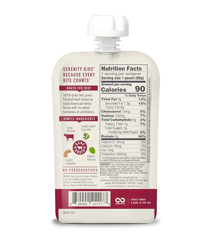Serenity Kids Beef Bone Broth Puree with Organic Veggies - Protein-Rich, BPA-Free & Grass Fed Beef Pot Roast Pouch Baby Food - Clean Label Project Purity Award Certified - 3.5 Oz, 6 Pack