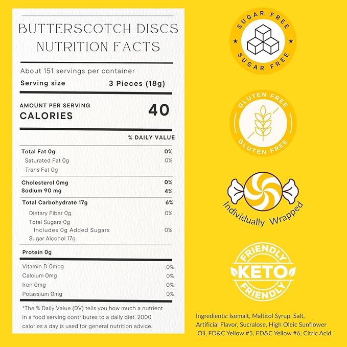 Sugar Free Butterscotch Hard Candy - 2 Lbs of Individually Wrapped Sugar Free Hard Candies - Low-calorie Smooth and Creamy Butterscotch Buttons - Packaged Fresh in NY