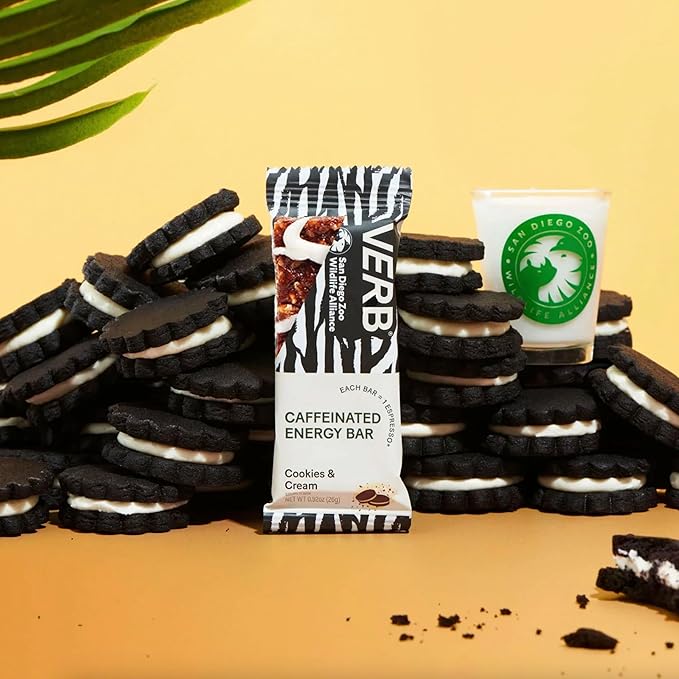 Verb Caffeinated Energy Bars Cookies & Cream (26g, Pack of 16) 110-Calorie Delicious Low Sugar Energy Bar - Vegan Gluten Free On-the Go Snack with 80mg Green Tea Caffeine, Only Real-Food Ingredients