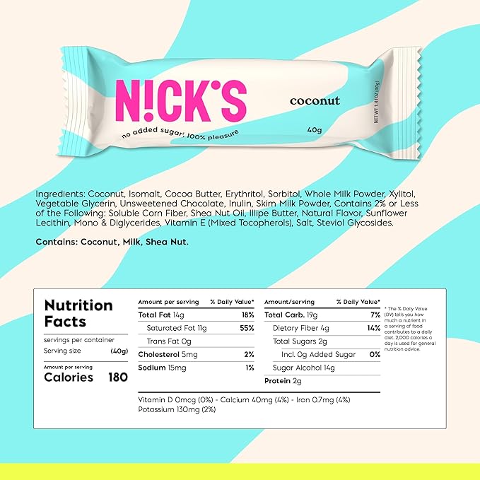 NICKS Coconut Keto Chocolate Candy Bars No Added Sugar, Gluten Free Sweets Low carb Candy Snack Bar – 15-Pack (40g Each)