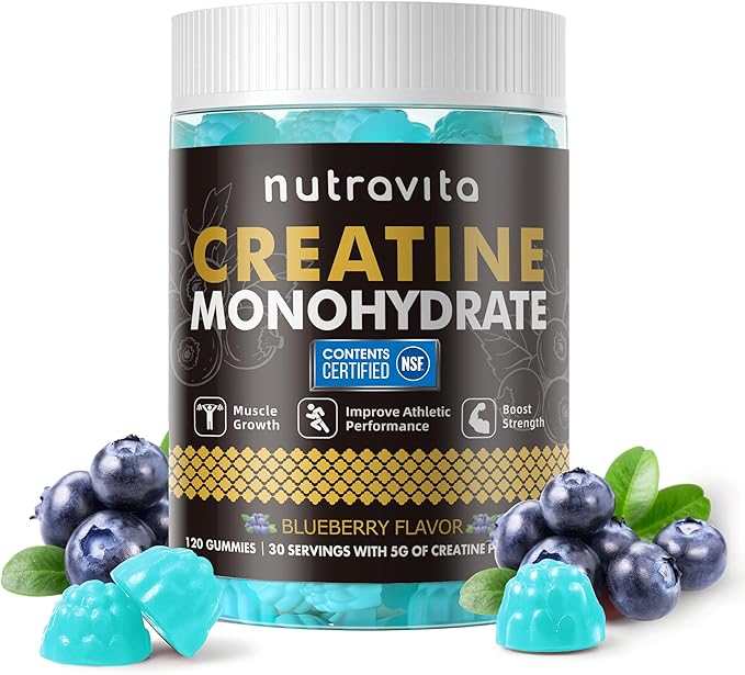 Nutravita NSF Certified Creatine Gummy - Creatine Monohydrate Gummies for Men & Women-5g of Creatine Monohydrate per Serving - Sugar Free,Vegan, Blueberry Flavor, 120 Count