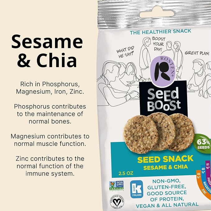 ROSTEN SeedBoost Seed Crackers (8 Pack) Sesame & Chia Flavor - Vegan, Non-GMO, Gluten Free (2.5oz Each)
