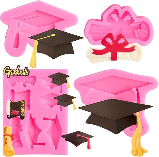 CLUEWR 4 PCS Graduation Chocolate Fondant Molds, Silicone Graduation Cap Diploma Candy Molds for Cake, Cupcake Decorations, Graduation Party Supplies