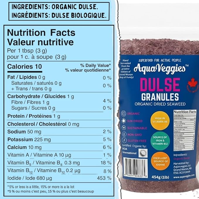 Aqua Veggies Organic Atlantic Dulse Flakes Granules 227Grams or 1/2 Lbs, Hand-Harvested, Sun-Dried Bay of Fundy