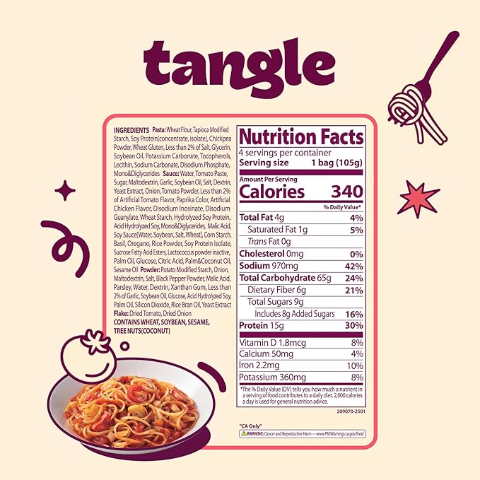 Samyang Tangle Chunky Tomato Pasta | Instant Pasta | Mukbang | 15g of Protein | Linguine | 6g of Fiber | Chick Pea based | Easy Prep | Convenient | 4 Pack