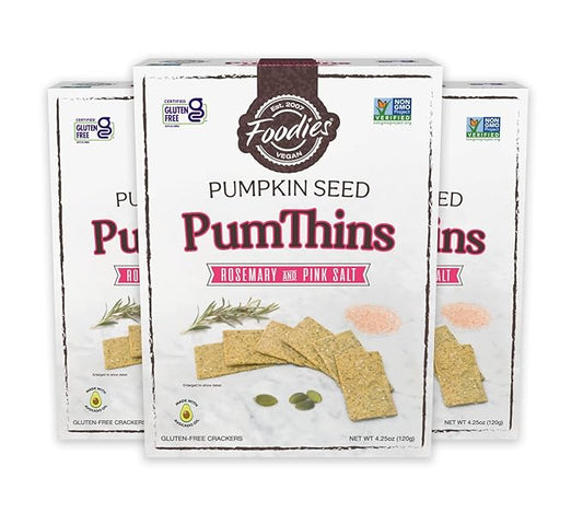 Foodies PumThins Rosemary & Pink Salt Crackers, Gluten Free, Made with Organic Pumpkin Seeds, No Seed Oils, Healthy, Paleo Friendly, 4.25 oz 3-Pack