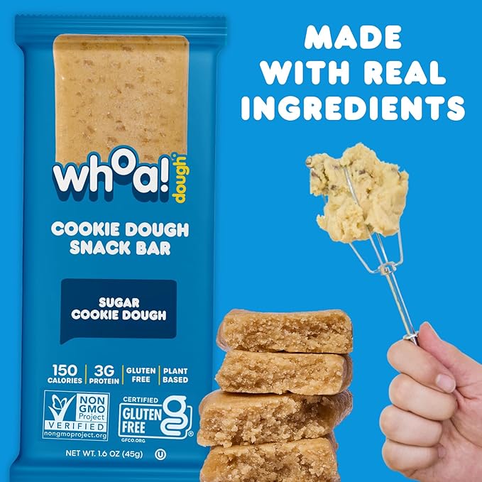 Whoa Dough Edible Cookie Dough Bars- Certified Non-GMO, Kosher and Gluten Free Bars - Healthy Snack Foods - Plant Based Snacks Made With Real Ingredients - Sugar Cookie Dough - 4 Pack