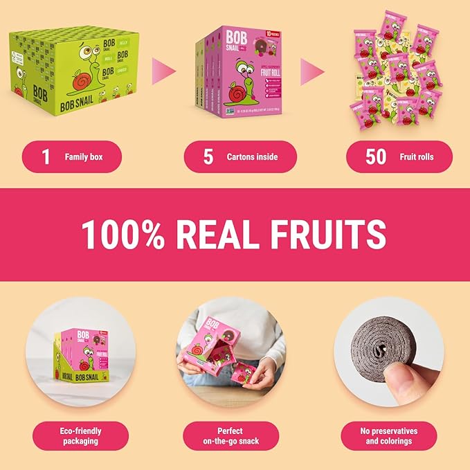Bob Snail Fruit Roll Ups – 50 Natural Fruit Snacks (Pear & Raspberry), Vegan, No Added Sugar, Healthy On-the-Go Pack, 500g