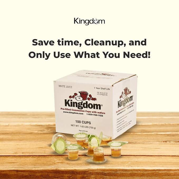 Kingdom Prefilled Communion Cup with Wafers(100 ct - white juice) Sealed in a Single-Serving Container with Upto 1-Year Shelf Life, Perfect for Holy Eucharist Celebration in Hospitals, Summer Camps, and More!