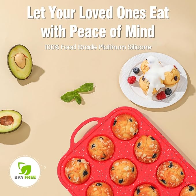 Fimary Silicone Muffin Pans for Baking, with Metal Reinforced Frame, Dishwasher Safe BPA Free Nonstick Silicone Cupcake Pan 12 Cups for Baking Homemade Muffins, Cupcakes - 2 Pack