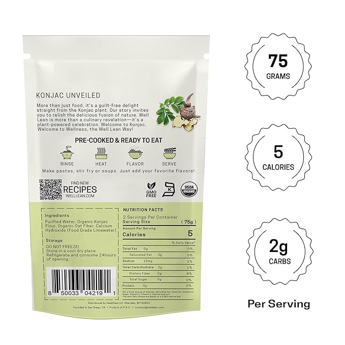 Well Lean Konjac Rice Keto Pasta - 12-Pack - Low Carb Keto Plant Based 100% - USDA Organic Premium Konjac Shirataki Rice - Carb Free