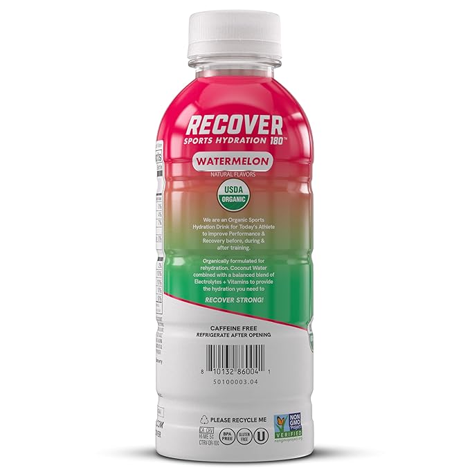 RECOVER 180 Organic Sports Hydration Drink, No Sugar Added, 20 Calorie Sports Beverage, Organic Flavors With Vitamins, Potassium-Packed Electrolytes (16.9 Fl Oz (Pack of 12), Watermelon)