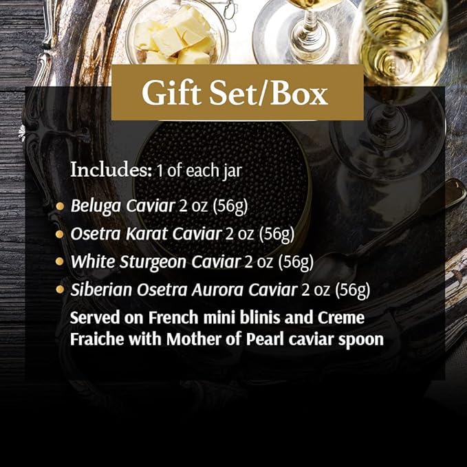 OLMA Supreme Caviar Gift Set - 8 oz (224g) of Caviar, Includes Beluga, Osetra, White Sturgeon, Siberian Osetra Aurora, Serving Spoon & Blinis - Superior Grade Fresh Roe Fish Eggs