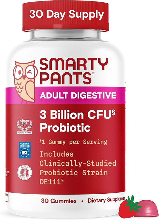 SmartyPants Adult Probiotic Gummies for Digestive Health: 3 Billion CFU, Gut Health and Immune Support Supplement, Clinically Studied Probiotic, Gluten Free, Strawberry, 30 Count (30 Day Supply)