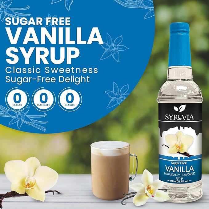 Syruvia Sugar Free Coffee Syrup, Vanilla Flavored Syrup for Drinks, Lattes, and Desserts – 25.4 fl oz