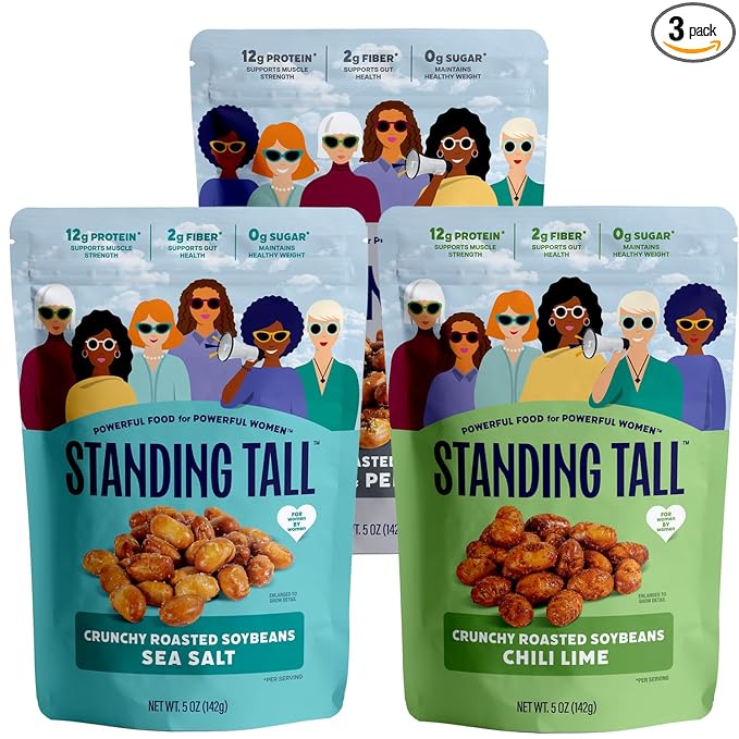Standing Tall Roasted Soybean Snack Variety Pack – Chili Lime, Sea Salt & Salt & Pepper – 12g protein, 2g fiber, 0g sugar, Plant-Based Vegan Snack, Gluten-Free, Non-GMO, 3 Count Variety Pack, 5oz Each